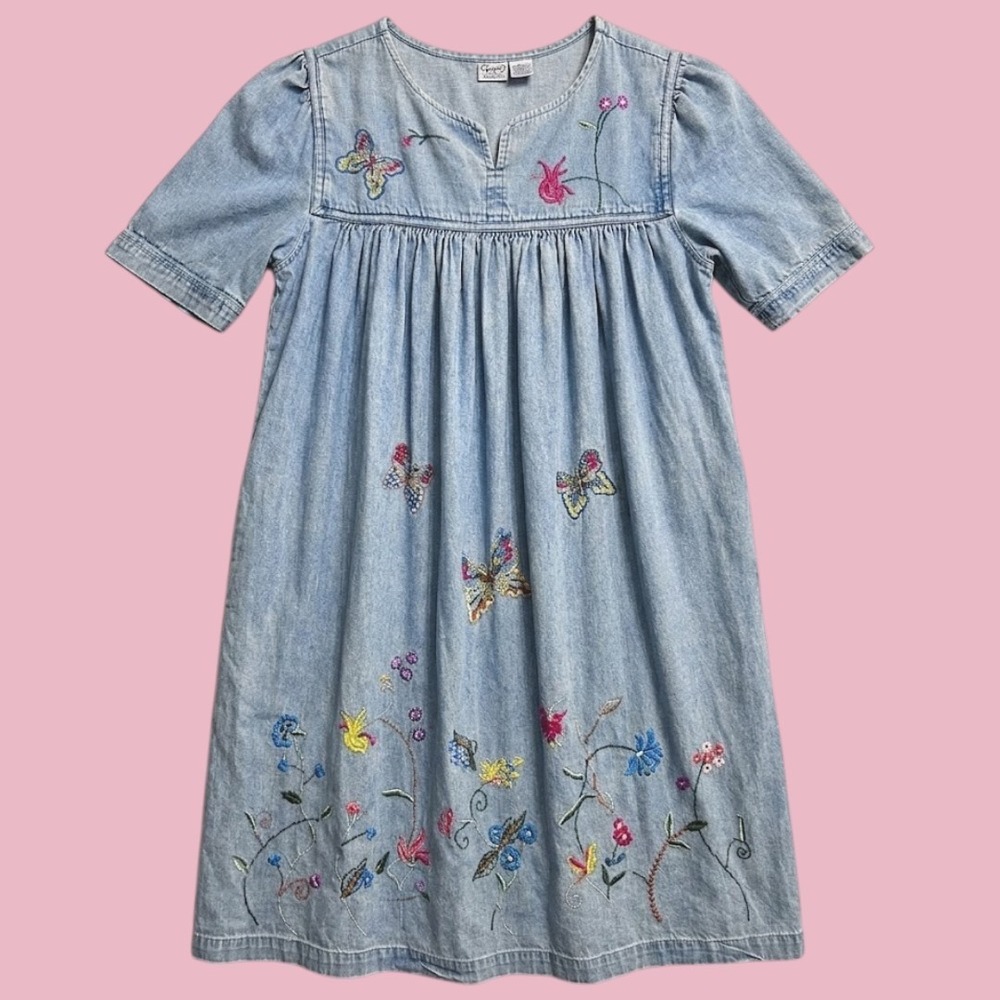 Vintage 90s Denim Embroidered Butterfly Floral Dress Large Cottagecore